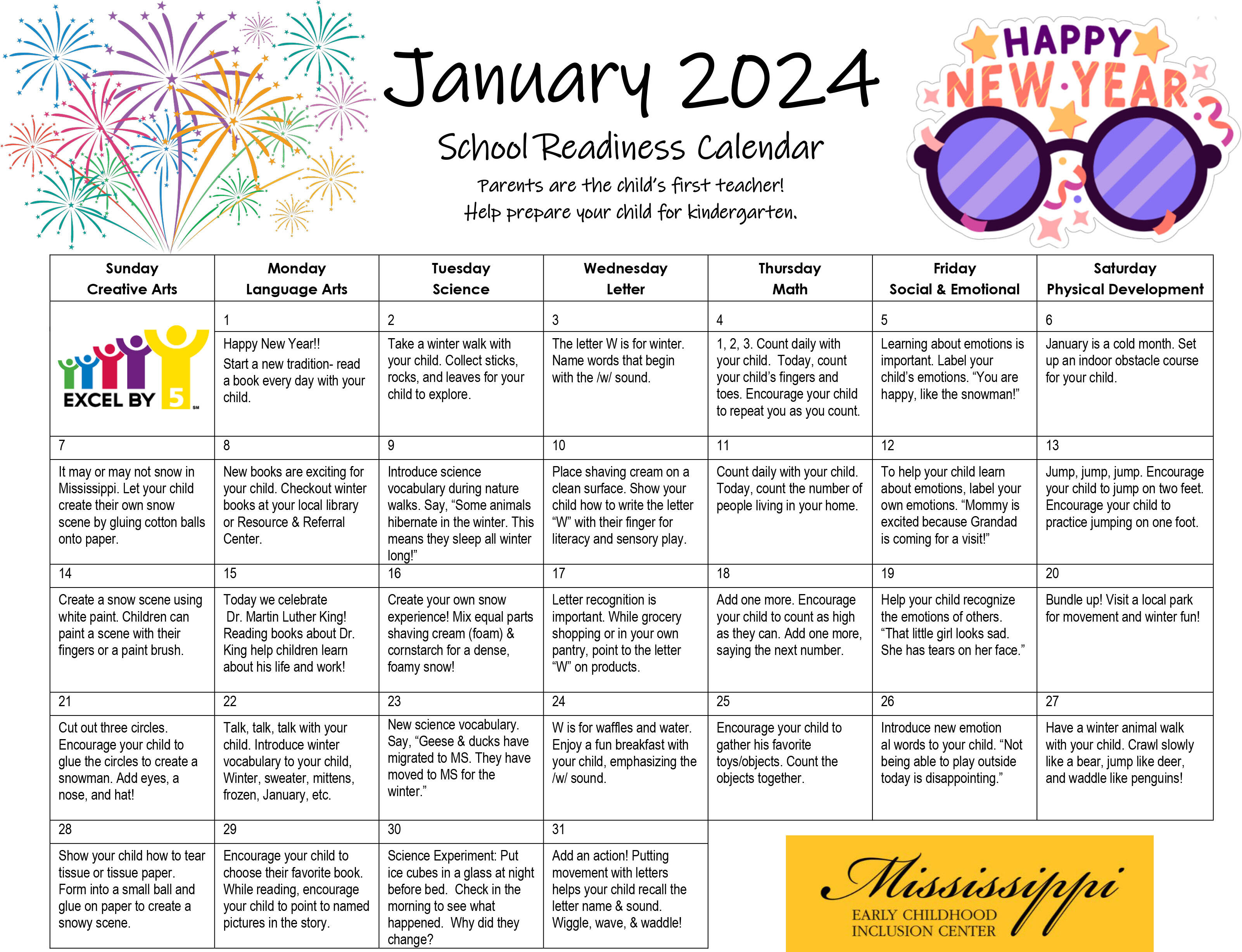 Kindergarten Readiness January Calendar of activities