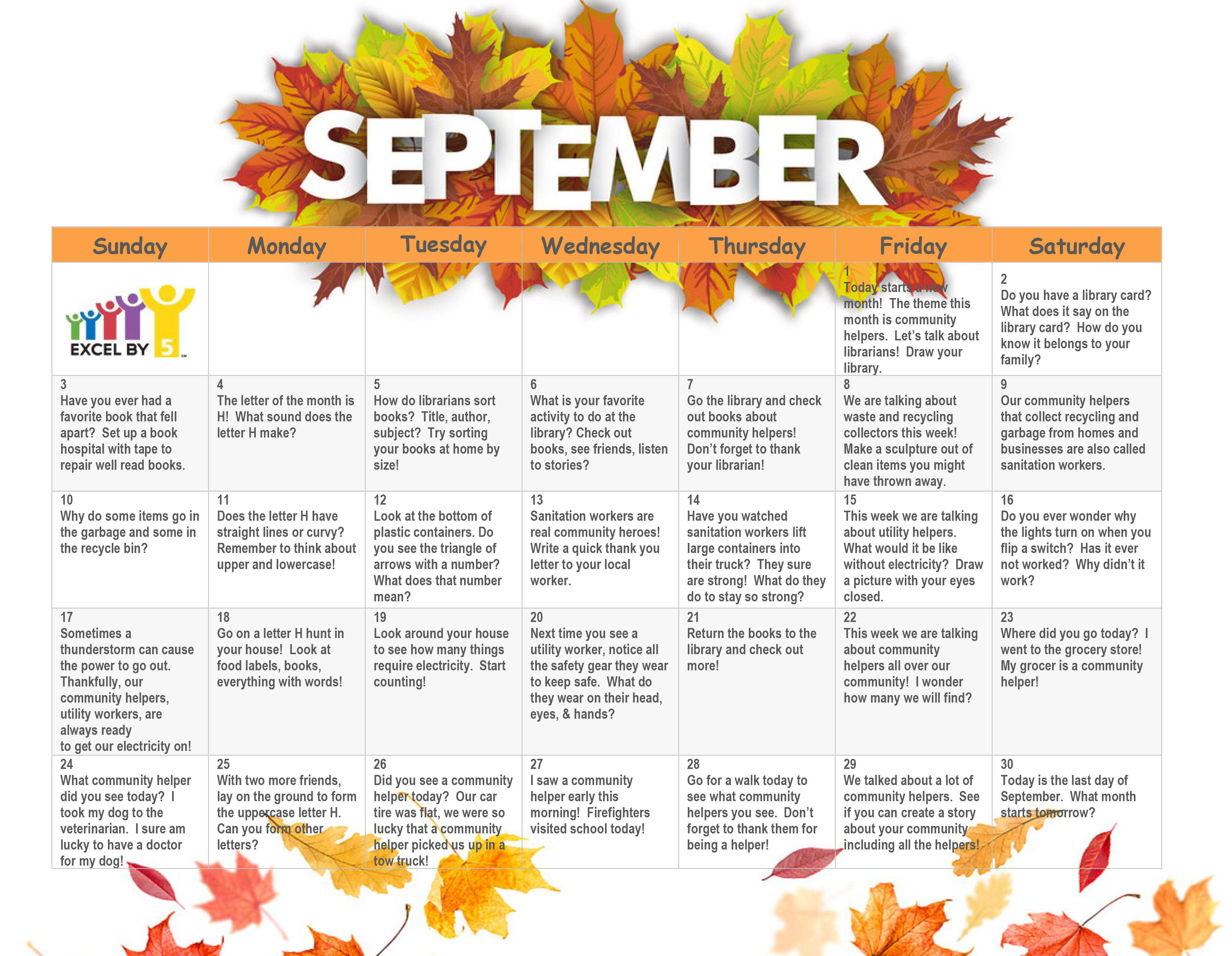 Kindergarten Readiness September Calendar of activities